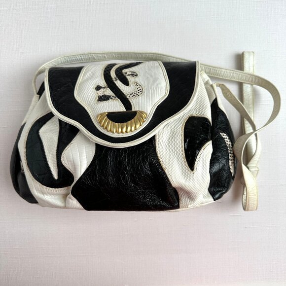 1980s Sharif Black and White Leather Crossbody - Picture 2 of 13